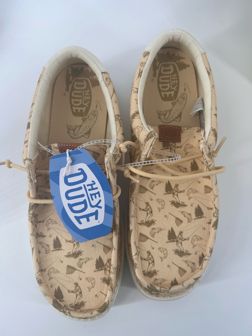 Hey Dude Wally Fly Fishing Men’s 11 Boulder Tan Fishing Print Slip On Shoes NWT